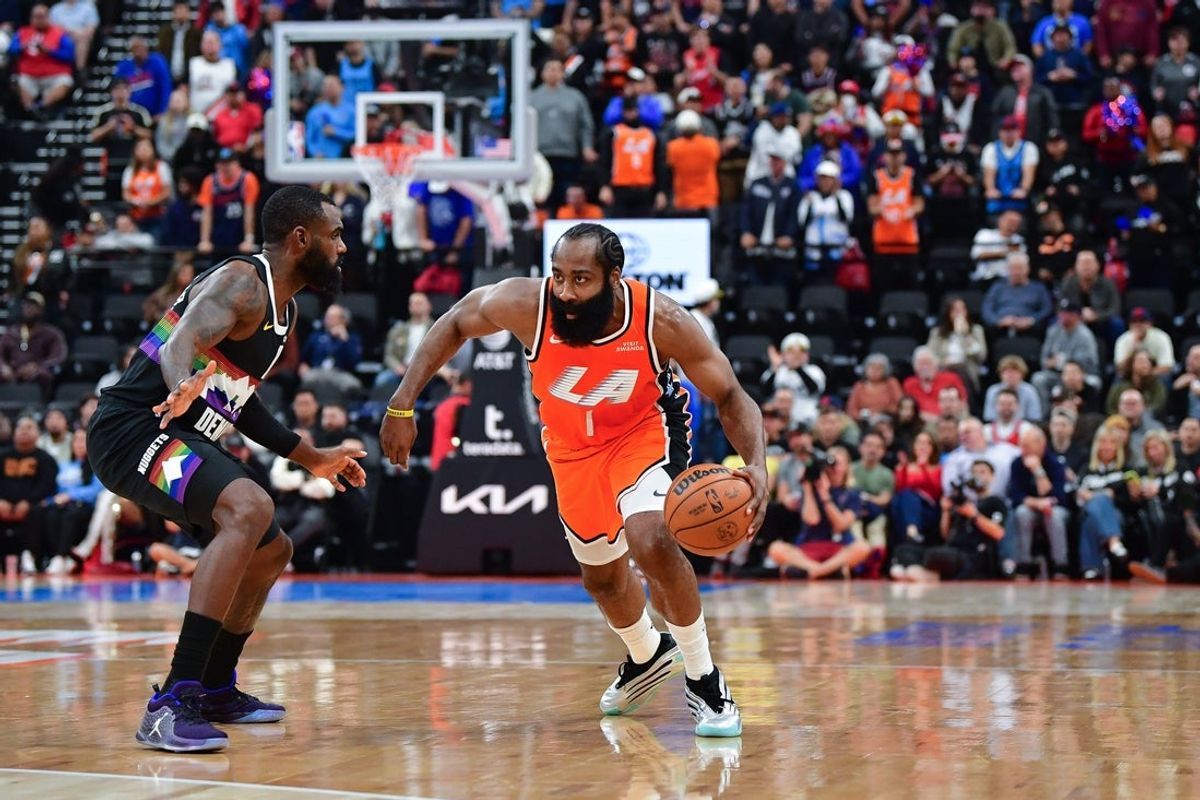 Nov 12, 2025; Inglewood, California, USA; Los Angeles Clippers guard James Harden (1) moves the ball against Denver Nuggets guard Bruce Brown (11) during the first half at Intuit Dome. Mandatory Credit: Gary A. Vasquez-Imagn Images