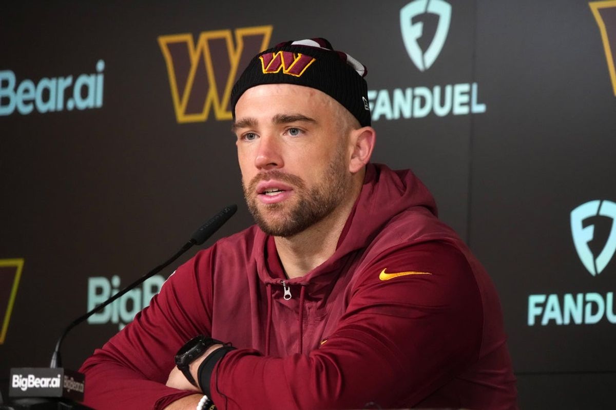 Nov 13, 2025; Madrid, Spain; Washington Commanders tight end Zach Ertz at press conference at Ciudad Deportiva del Real Madrid. Mandatory Credit: Kirby Lee-Imagn Images