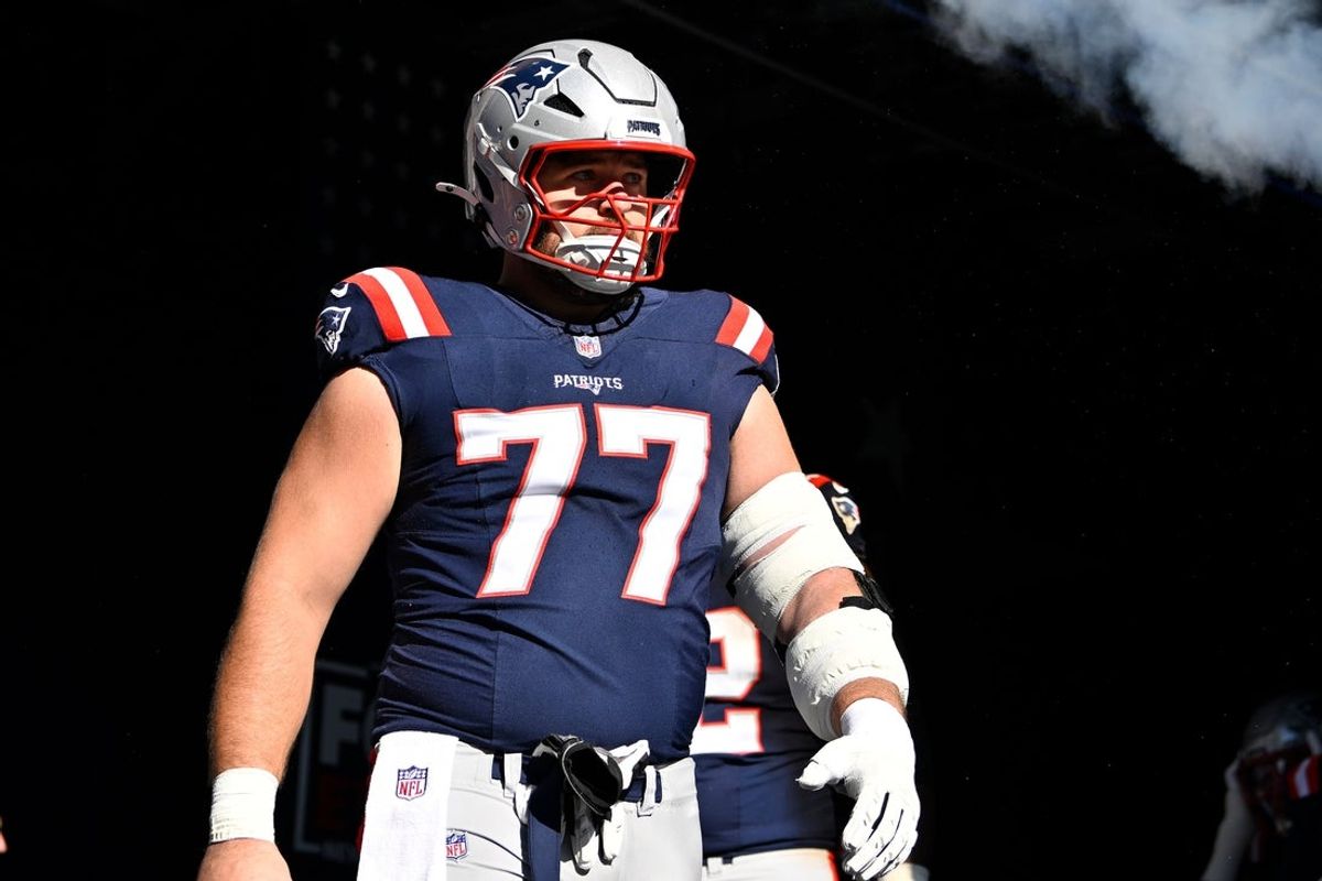Nov 2, 2025; Foxborough, Massachusetts, USA; New England Patriots center Ben Brown (77) walks out of the player's tunnel before a game against the Atlanta Falcons at Gillette Stadium. Mandatory Credit: Eric Canha-Imagn Images