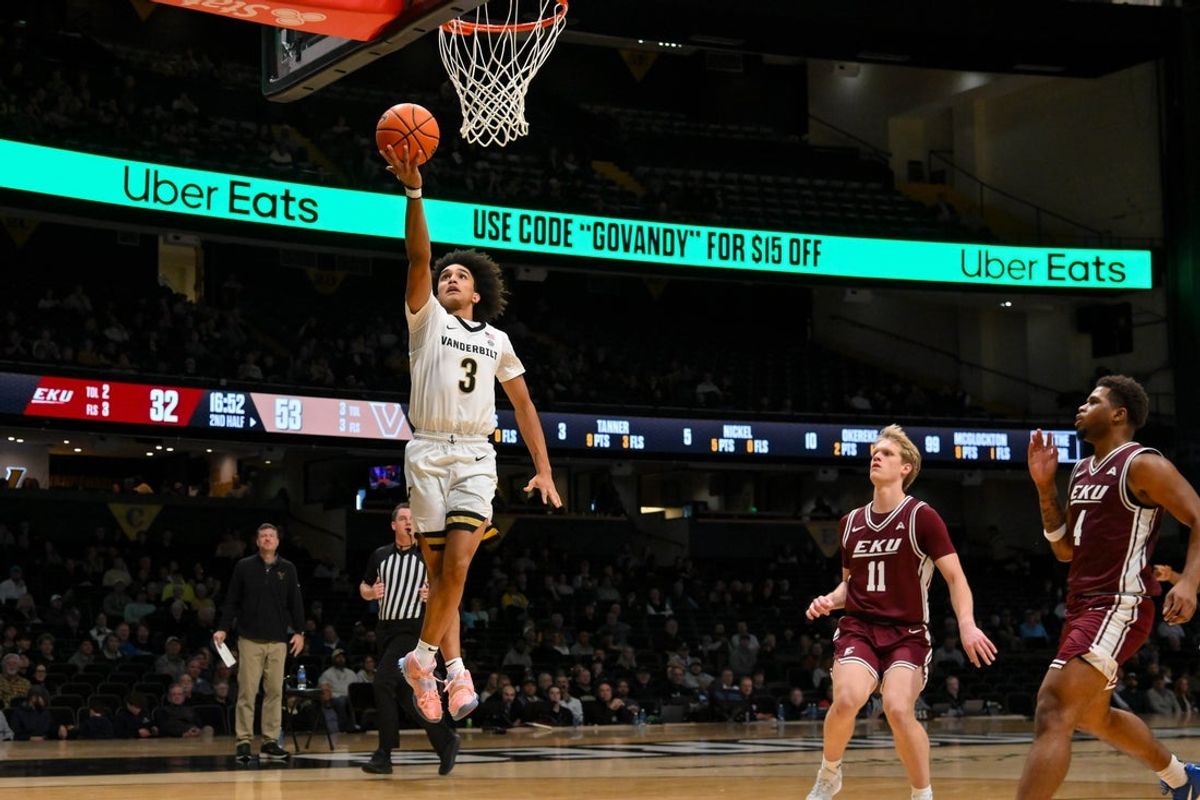Nov 12, 2025; Nashville, Tennessee, USA;  Vanderbilt Commodores guard Tyler Tanner (3) lays the ball in against the Eastern Kentucky Colonels during the second half at Memorial Gymnasium. Mandatory Credit: Steve Roberts-Imagn Images