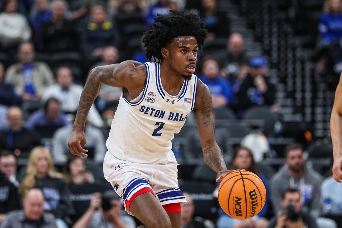 Nov 13, 2025; Newark, New Jersey, USA; Seton Hall Pirates guard TJ Simpkins (2) dribbles during the first half against the Monmouth Fighting Scots at Prudential Center. Mandatory Credit: Vincent Carchietta-Imagn Images