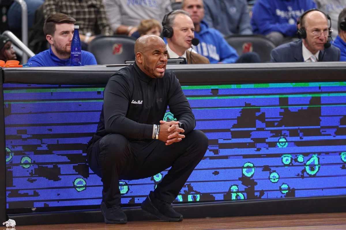 Nov 13, 2025; Newark, New Jersey, USA; Seton Hall Pirates head coach Shaheen Holloway reacts during the first half against the Monmouth Fighting Scots at Prudential Center. Mandatory Credit: Vincent Carchietta-Imagn Images