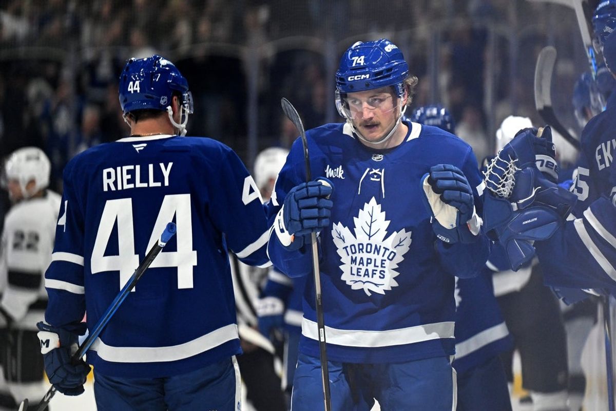 Nov 13, 2025; Toronto, Ontario, CAN;  Toronto Maple Leafs forward Bobby McMann (74) celebrates with teammates after scoring a goal against the Los Angeles Kings in the first period at Scotiabank Arena. Mandatory Credit: Dan Hamilton-Imagn Images