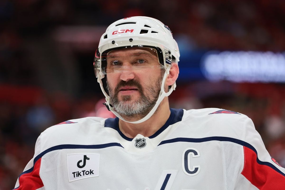 Nov 13, 2025; Sunrise, Florida, USA; Washington Capitals left wing Alex Ovechkin (8) looks on against the Florida Panthers during the first period at Amerant Bank Arena. Mandatory Credit: Sam Navarro-Imagn Images