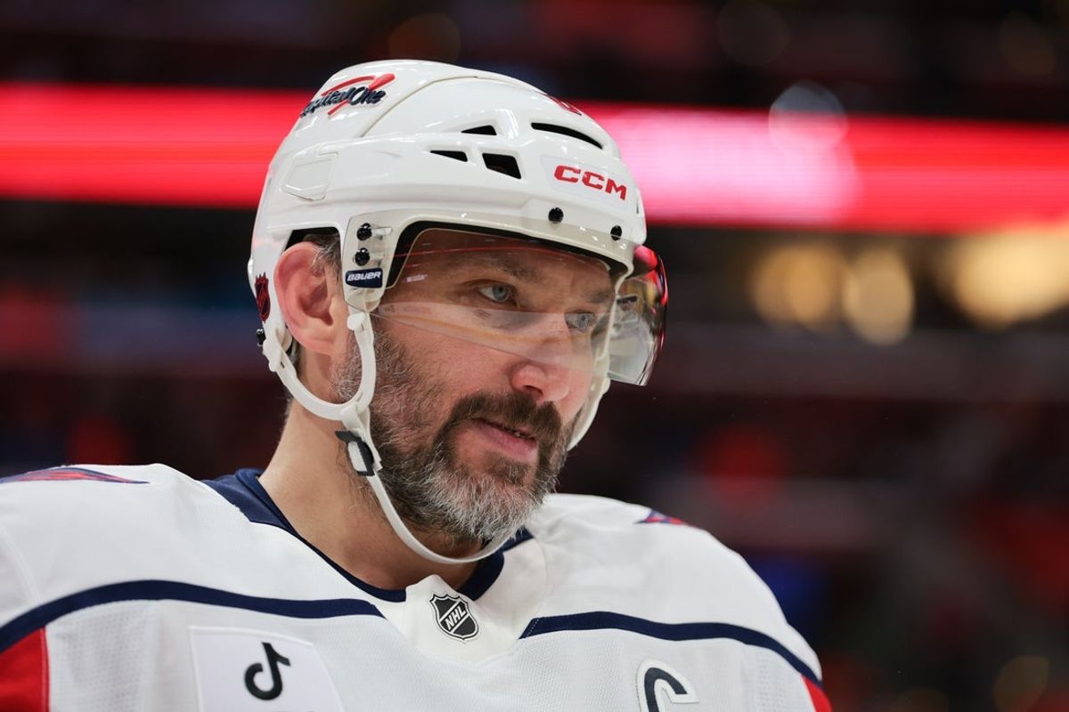 Nov 13, 2025; Sunrise, Florida, USA; Washington Capitals left wing Alex Ovechkin (8) looks on against the Florida Panthers during the first period at Amerant Bank Arena. Mandatory Credit: Sam Navarro-Imagn Images