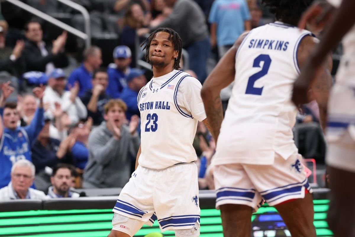 Nov 13, 2025; Newark, New Jersey, USA; Seton Hall Pirates guard Mike Williams III (23) reacts after a basket against the Monmouth Fighting Scots during the second half at Prudential Center. Mandatory Credit: Vincent Carchietta-Imagn Images