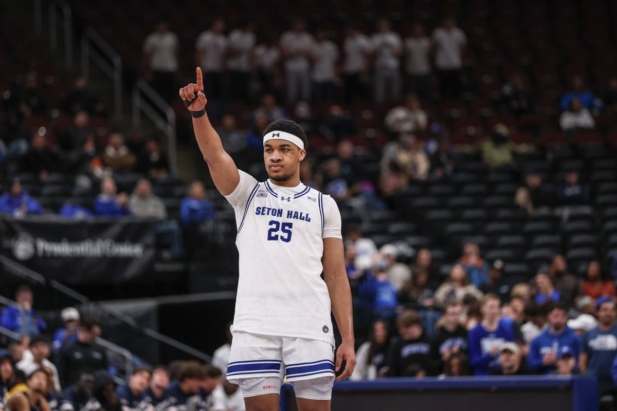 Nov 13, 2025; Newark, New Jersey, USA; Seton Hall Pirates center Najai Hines (25) reacts during the second half against the Monmouth Fighting Scots at Prudential Center. Mandatory Credit: Vincent Carchietta-Imagn Images