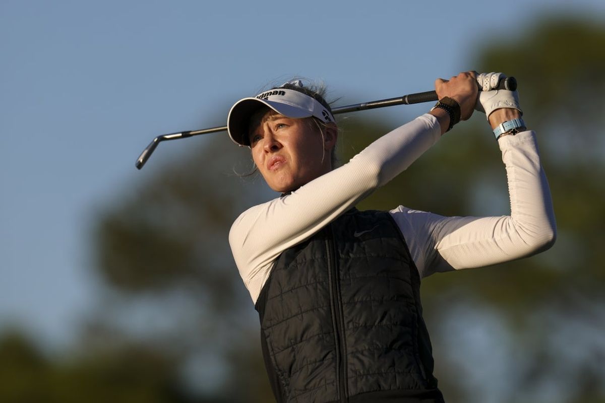 Nov 13, 2025; Belleair, Florida, USA; Nelly Korda hits a shot on the ninth hole during the first round of The ANNIKA golf tournament at Pelican Golf Club. Mandatory Credit: Nathan Ray Seebeck-Imagn Images