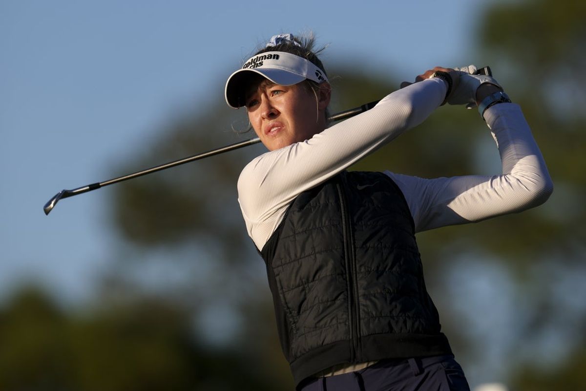 Nov 13, 2025; Belleair, Florida, USA; Nelly Korda hits a shot on the ninth hole during the first round of The ANNIKA golf tournament at Pelican Golf Club. Mandatory Credit: Nathan Ray Seebeck-Imagn Images