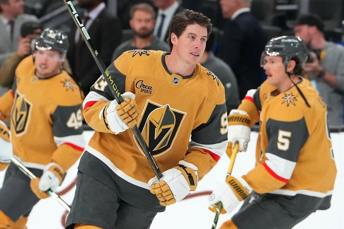 Nov 13, 2025; Las Vegas, Nevada, USA; Vegas Golden Knights right wing Mitch Marner (93) warms up before a game against the New York Islanders at T-Mobile Arena. Mandatory Credit: Stephen R. Sylvanie-Imagn Images