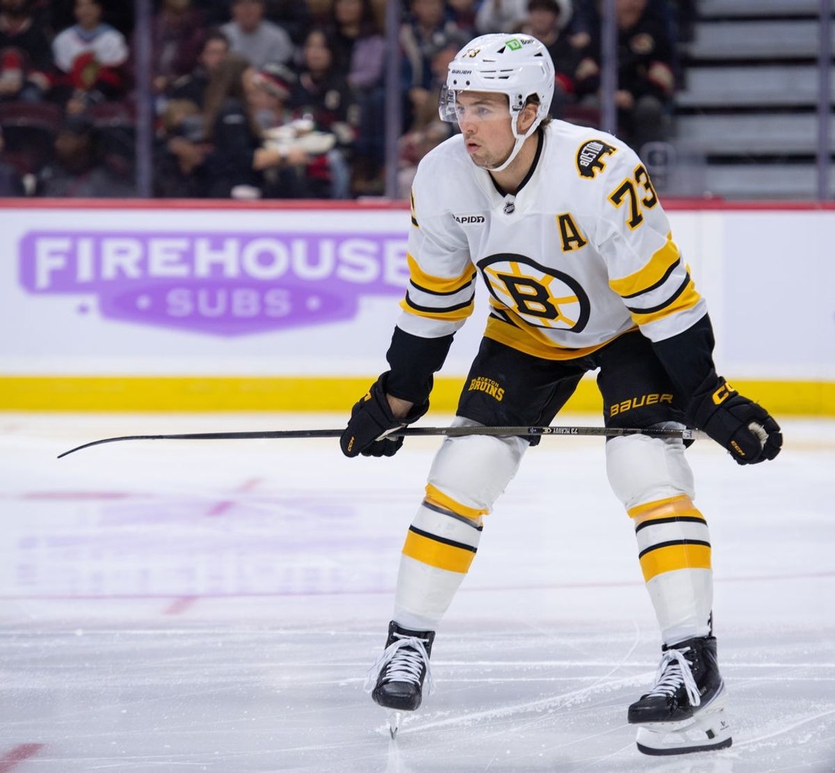 Nov 13, 2025; Ottawa, Ontario, CAN; Boston Bruins defenseman Charlie McAvoy (73) prepares for a faceoff in the first period against the Ottawa Senators at the Canadian Tire Centre. Mandatory Credit: Marc DesRosiers-IMAGN Images