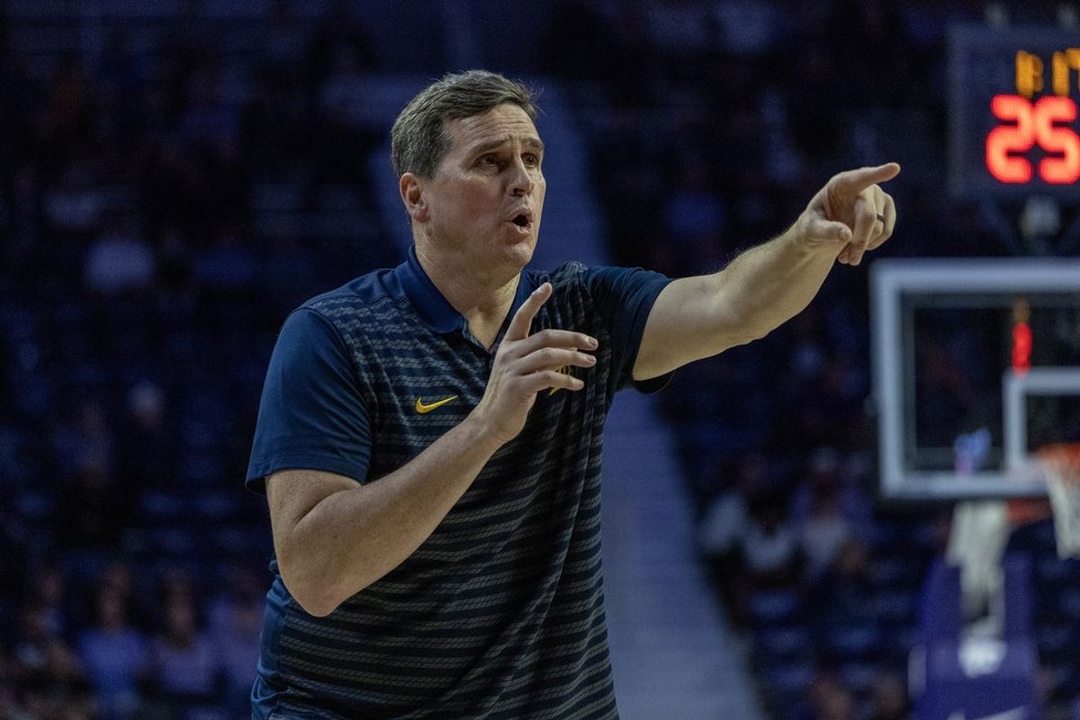 Nov 13, 2025; Manhattan, Kansas, USA; California Golden Bears head coach Mark Madsen yells at his team during the first half against the Kansas State Wildcats at Bramlage Coliseum. Mandatory Credit: Scott Sewell-Imagn Images