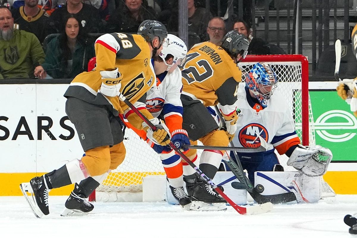 Nov 13, 2025; Las Vegas, Nevada, USA; New York Islanders goaltender Ilya Sorokin (30) makes a save against Vegas Golden Knights right wing Braeden Bowman (42) during the second period at T-Mobile Arena. Mandatory Credit: Stephen R. Sylvanie-Imagn Images