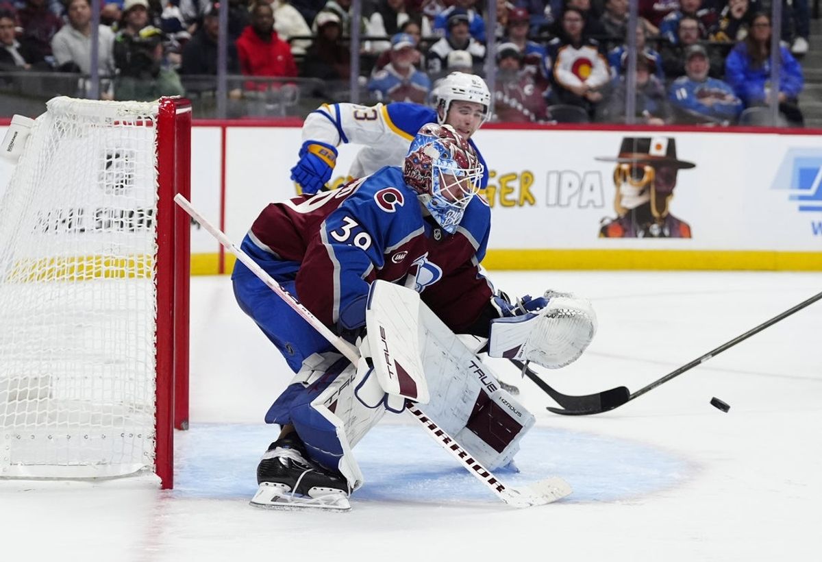 Nov 13, 2025; Denver, Colorado, USA; Colorado Avalanche goaltender Mackenzie Blackwood (39) defends the net in the third period against the Buffalo Sabres at Ball Arena. Mandatory Credit: Ron Chenoy-Imagn Images