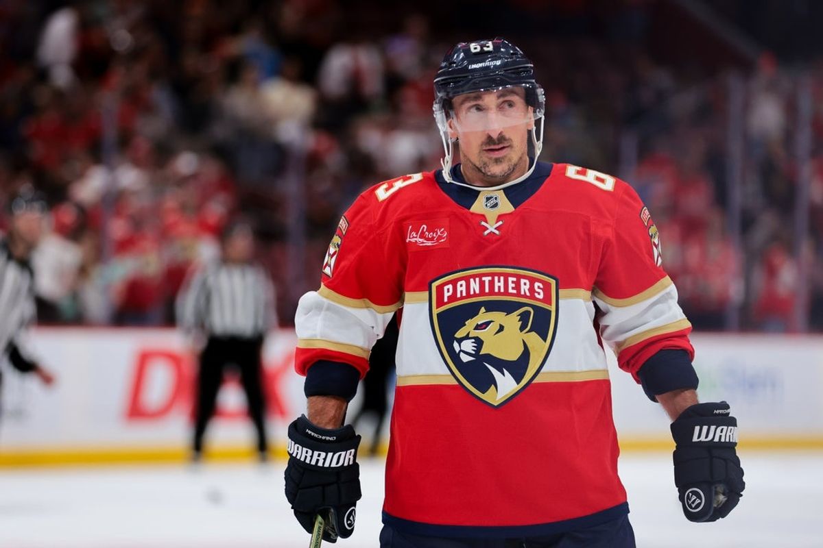 Nov 13, 2025; Sunrise, Florida, USA; Florida Panthers left wing Brad Marchand (63) looks on after the game against the Washington Capitals at Amerant Bank Arena. Mandatory Credit: Sam Navarro-Imagn Images