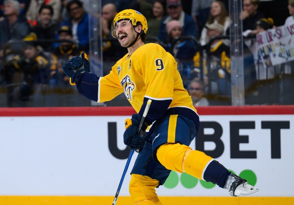 Nov 14, 2025; Stockholm, SWEDEN; Nashville Predators left wing Filip Forsberg (9) celebrates after scoring a goal against the Pittsburgh Penguins in a Global Series ice hockey game at Avicii Arena. Mandatory Credit: Per Haljestam-Imagn Images