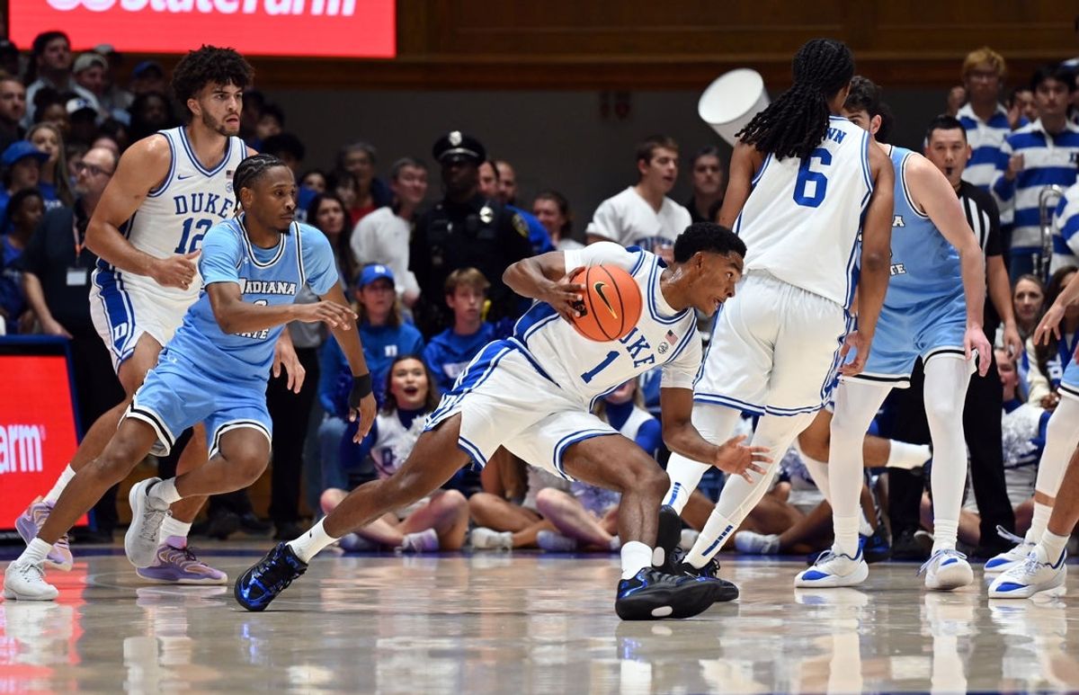 Nov 14, 2025; Durham, North Carolina, USA;  Duke Blue Devils guard Caleb Foster (1) drives to the basket during the first half against the Indiana State Sycamores at Cameron Indoor Stadium. Mandatory Credit: Rob Kinnan-Imagn Images