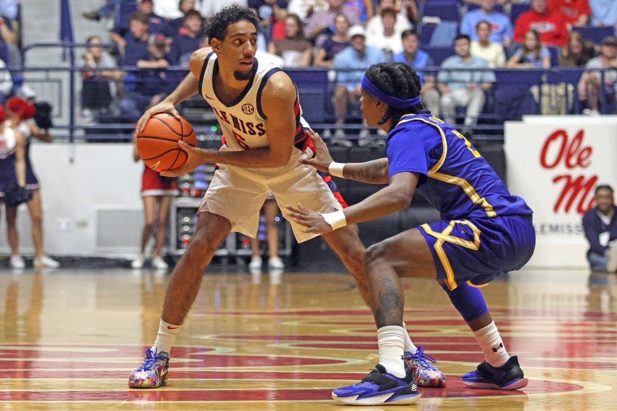 Nov 14, 2025; Oxford, Mississippi, USA; Mississippi Rebels guard Ilias Kamardine (6) handles the ball as Cal State Bakersfield Roadrunners guard Mike Price (2) defends during the first half at C.M. ’Tad’ Smith Coliseum. Mandatory Credit: Petre Thomas-Imagn Images
