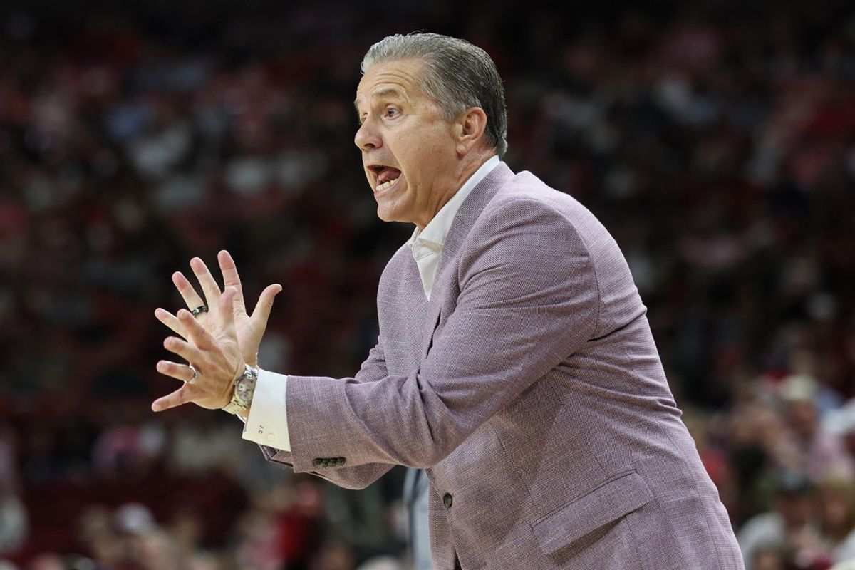 Nov 14, 2025; Fayetteville, Arkansas, USA; Arkansas Razorbacks head coach John Calipari during the first half against the Samford Bulldogs at Bud Walton Arena. Mandatory Credit: Nelson Chenault-Imagn Images