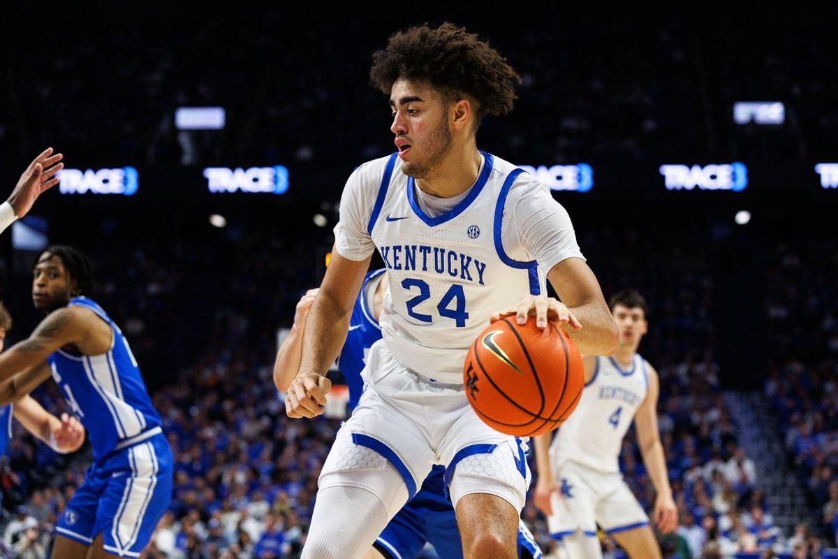 Nov 14, 2025; Lexington, Kentucky, USA; Kentucky Wildcats center Malachi Moreno (24) drives to the basket during the second half against the Eastern Illinois Panthers at Rupp Arena at Central Bank Center. Mandatory Credit: Jordan Prather-Imagn Images