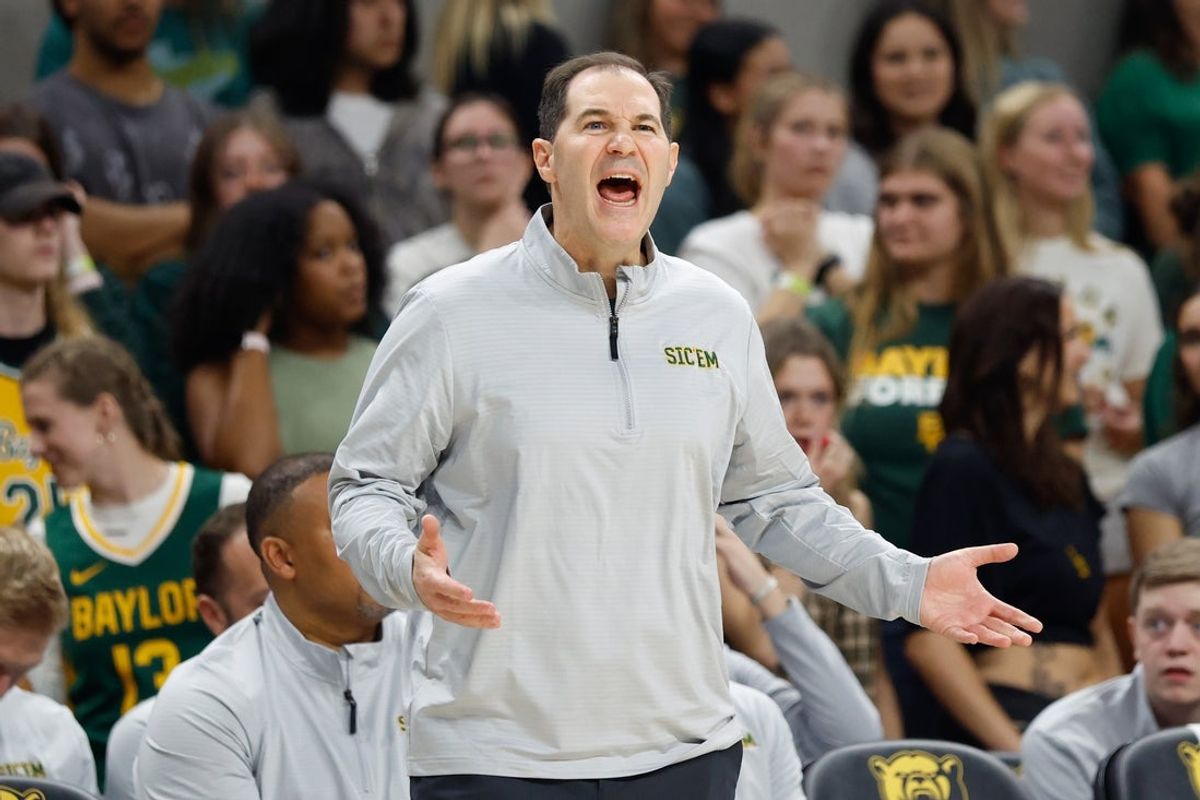 Nov 14, 2025; Waco, Texas, USA;  Baylor Bears head coach Scott Drew reacts on the sidelines against the Tarleton State Texans during the first half at Paul and Alejandra Foster Pavilion. Mandatory Credit: Chris Jones-Imagn Images