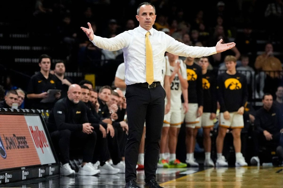 Iowa head coach Ben McCollum reacts during a basketball game against the Xavier Musketeers Nov. 14, 2025 at Carver-Hawkeye Arena in Iowa City, Iowa.