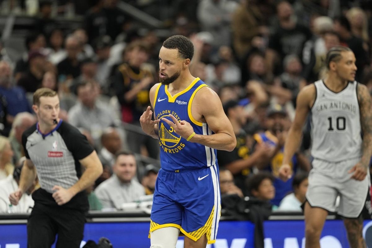 Nov 14, 2025; San Antonio, Texas, USA; Golden State Warriors guard Stephen Curry (30) reacts after scoring a three-point basket during the second half against the San Antonio Spurs at Frost Bank Center. Mandatory Credit: Scott Wachter-Imagn Images