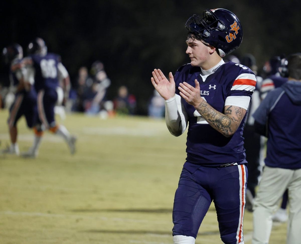 Nashville Christian's Jared Curtis (2) applauds his team during their game against Jackson Christian at Nashville Christian School Friday, Nov. 14, 2025.