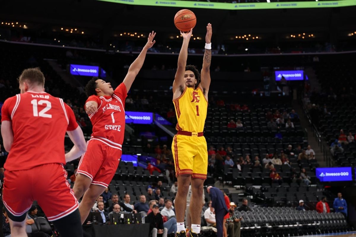 Nov 14, 2025; Inglewood, California, USA; Southern California Trojans guard Rodney Rice (1) shoots the ball against Illinois State Redbirds guard Landon Moore (1) during the first half of the Hall of Fame Series game at Intuit Dome. Mandatory Credit: Kiyoshi Mio-Imagn Images
