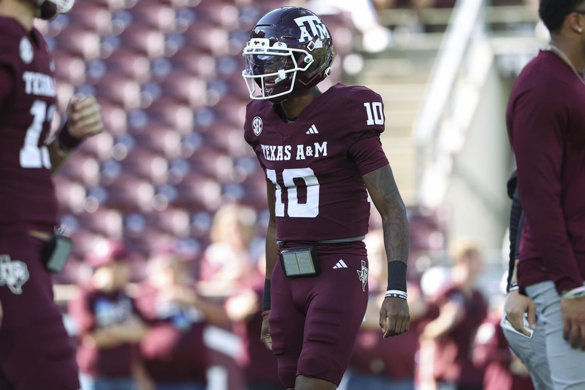 Nov 15, 2025; College Station, Texas, USA; Texas A&M Aggies quarterback Marcel Reed (10) warms up before the game against the South Carolina Gamecocks at Kyle Field. Mandatory Credit: Troy Taormina-Imagn Images