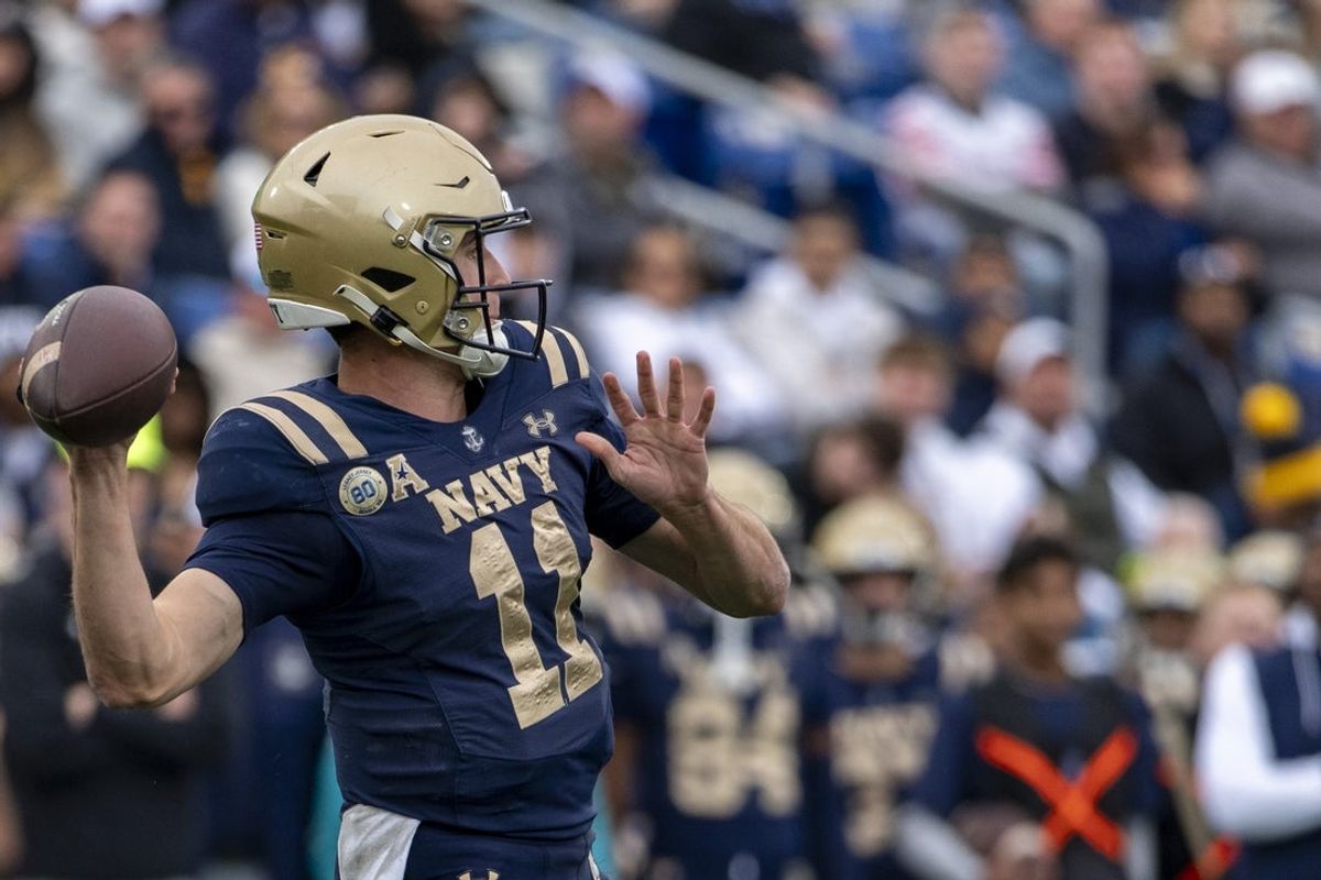 Nov 15, 2025; Annapolis, Maryland, USA;  Navy Midshipmen quarterback Blake Horvath (11) throws  during the first half against the South Florida Bulls at Navy-Marine Corps Memorial Stadium. Mandatory Credit: Tommy Gilligan-Imagn Images