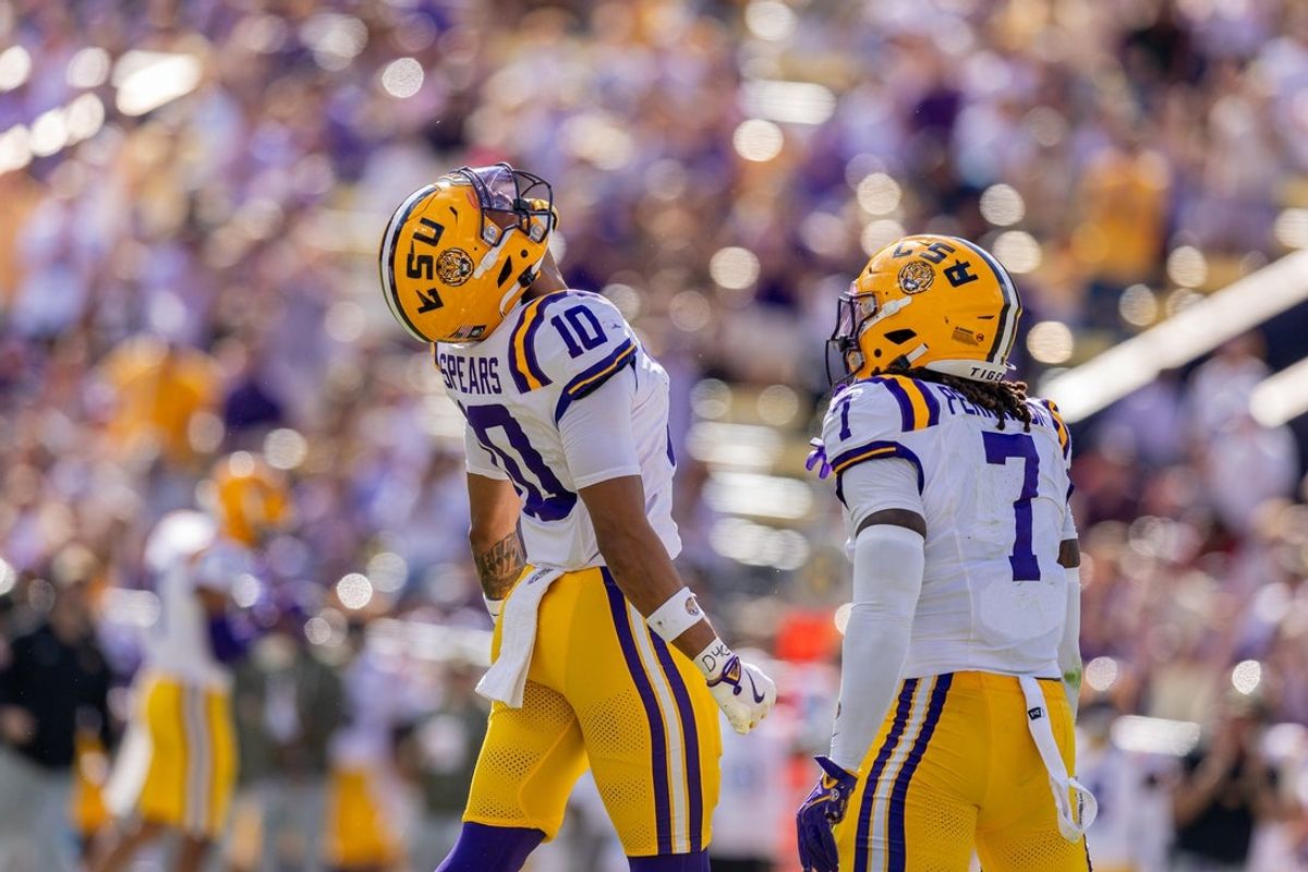 Nov 15, 2025; Baton Rouge, Louisiana, USA;  LSU Tigers safety Dashawn Spears (10) reacts to sacking Arkansas Razorbacks quarterback Taylen Green (not pictured) during the first half at Tiger Stadium. Mandatory Credit: Stephen Lew-Imagn Images