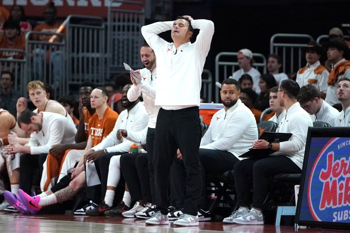 Nov 15, 2025; Austin, Texas, USA; Texas Longhorns head coach Sean Miller reacts during the second half against the Kansas City Roos at Moody Center. Mandatory Credit: Dustin Safranek-Imagn Images