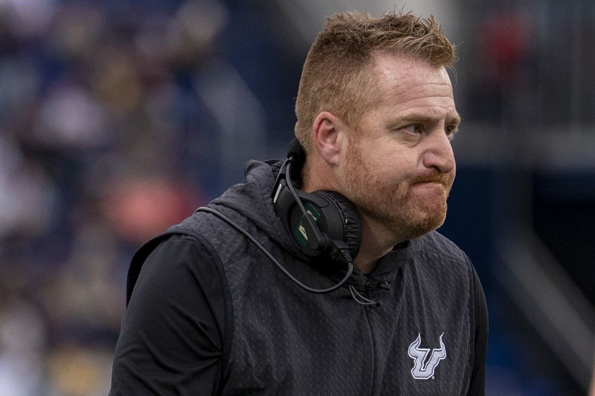 Nov 15, 2025; Annapolis, Maryland, USA;  South Florida Bulls head coach Alex Golesh looks on the field during the second half against the Navy Midshipmen at Navy-Marine Corps Memorial Stadium. Navy Midshipmen defeated South Florida Bulls 41-28. Mandatory Credit: Tommy Gilligan-Imagn Images
