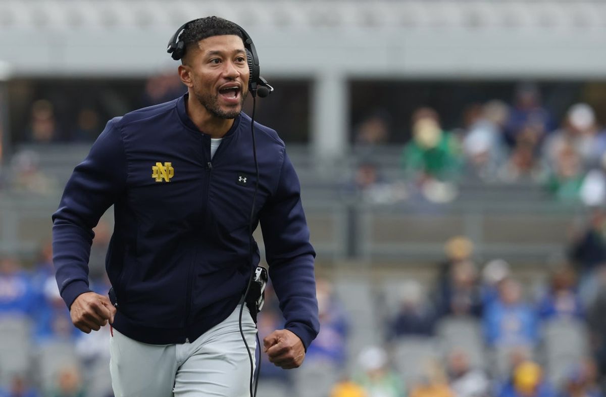 Nov 15, 2025; Pittsburgh, Pennsylvania, USA;  Notre Dame Fighting Irish head coach Marcus Freeman reacts after an Irish touchdown against the Pittsburgh Panthers during the second quarter at Acrisure Stadium. Mandatory Credit: Charles LeClaire-Imagn Images
