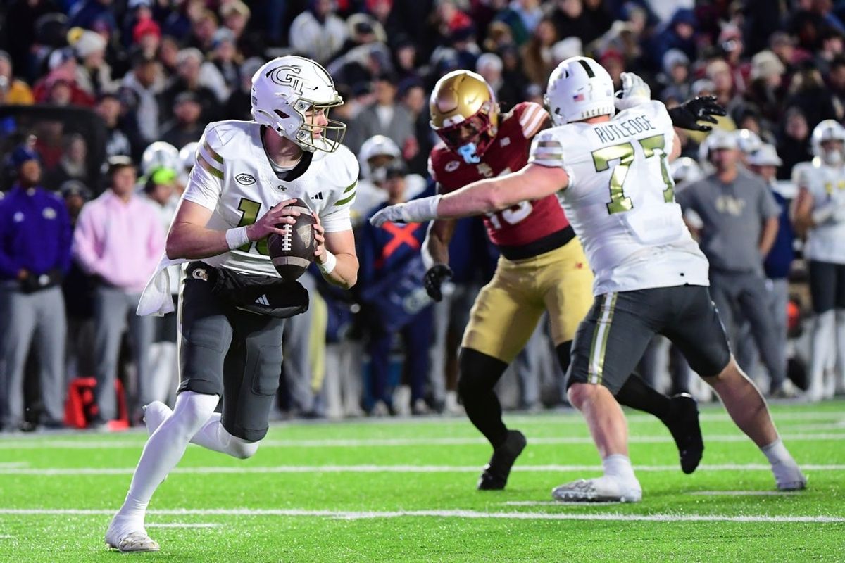 Nov 15, 2025; Chestnut Hill, Massachusetts, USA; Georgia Tech Yellow Jackets quarterback Haynes King (10) looks to pass the ball during the first half against the Boston College Eagles at Alumni Stadium. Mandatory Credit: Bob DeChiara-Imagn Images