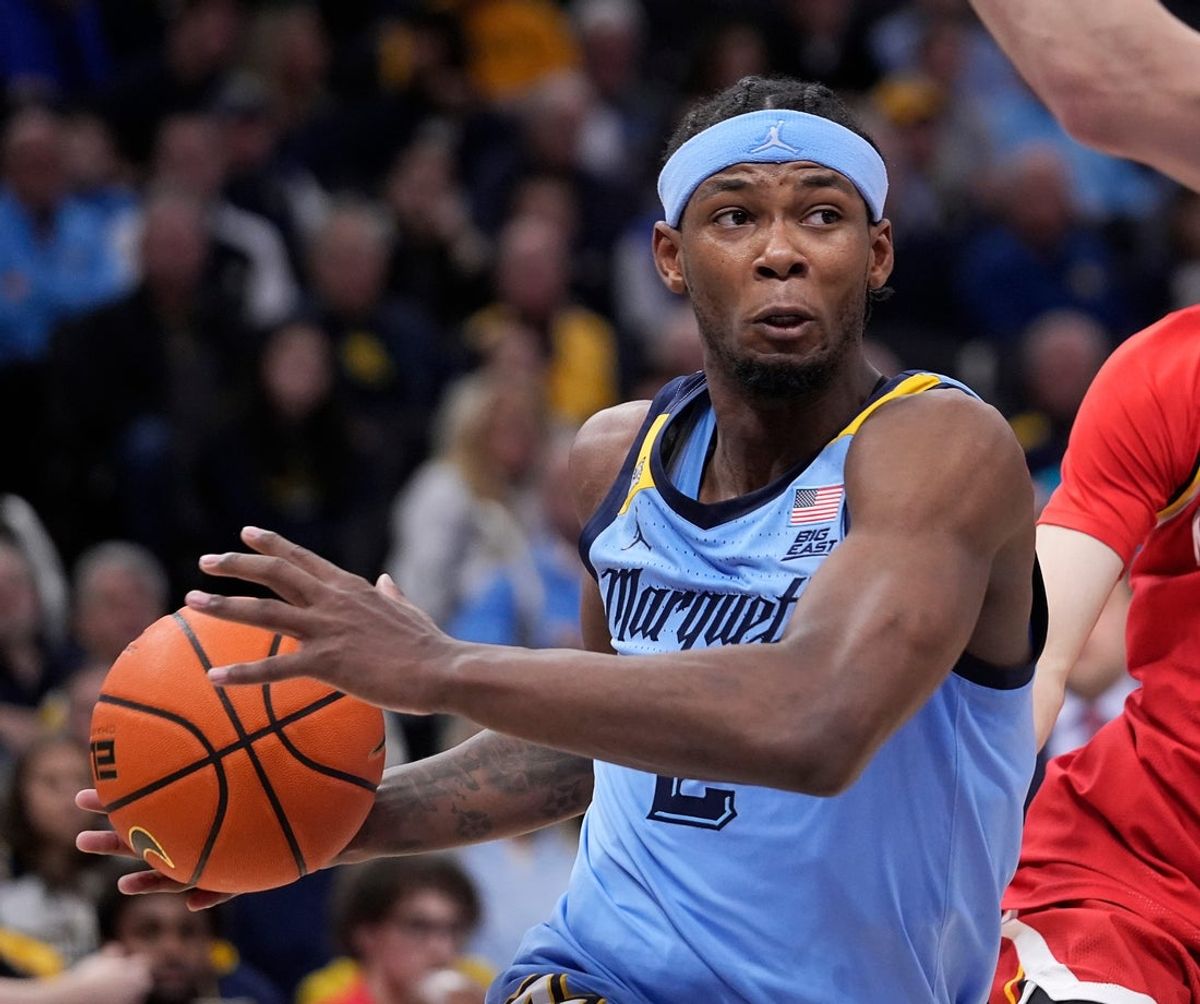 Marquette Golden Eagles guard Chase Ross (2) drives to the basket during the first half of the game against the Maryland Terrapins on Saturday November 15, 2025 at Fiserv Forum in Milwaukee, Wisconsin.