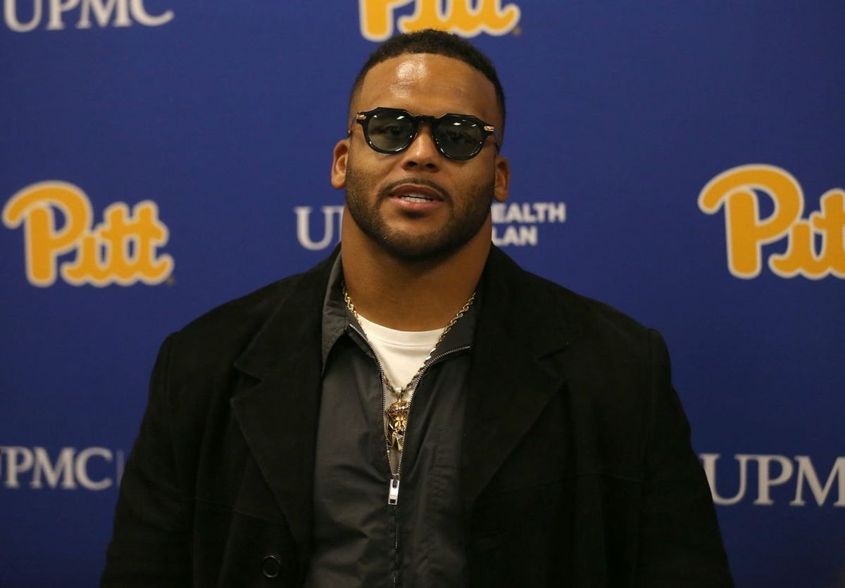 Former Pittsburgh Panther and retired NFL defensive tackle Aaron Donald speaks at a press conference prior to the start of the Pittsburgh Panthers vs Notre Dame Fighting Irish game at Acrisure Stadium in Pittsburgh, PA on November 15, 2025.