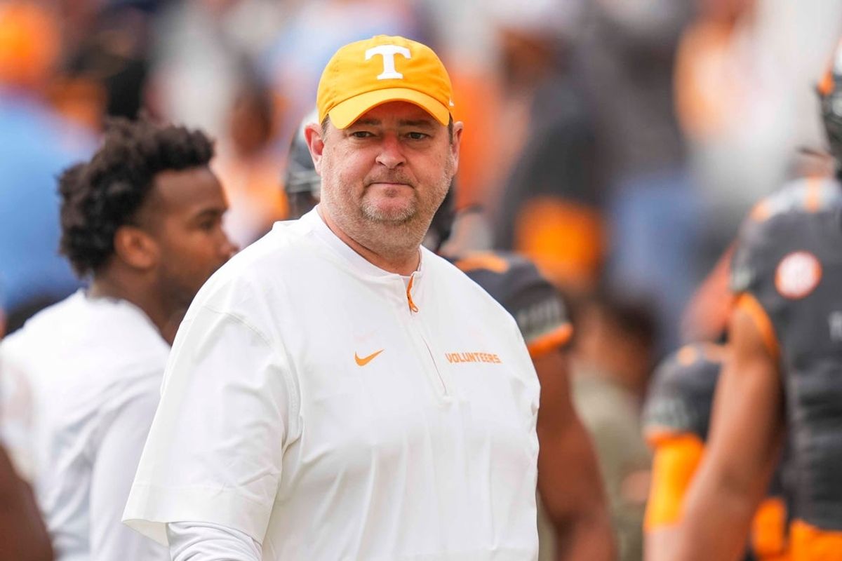 Tennessee coach Josh Heupel during warm-ups before a NCAA football game between Tennessee Volunteers and New Mexico State Aggies at Neyland Stadium in Knoxville, Tenn., on Nov. 15, 2025.
