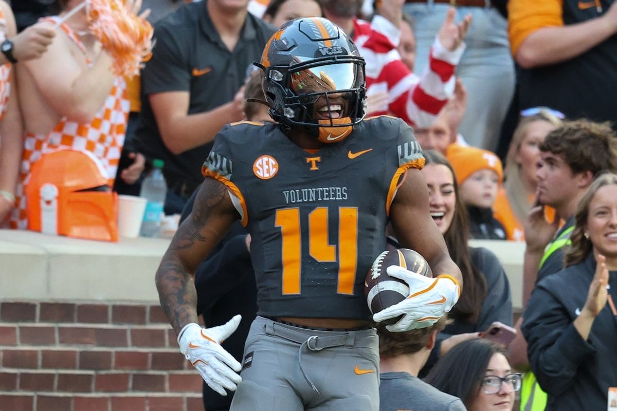 Nov 15, 2025; Knoxville, Tennessee, USA;  Tennessee Volunteers wide receiver Braylon Staley (14) celebrates a touchdown against the New Mexico State Aggies during the first half at Neyland Stadium. Mandatory Credit: Randy Sartin-Imagn Images