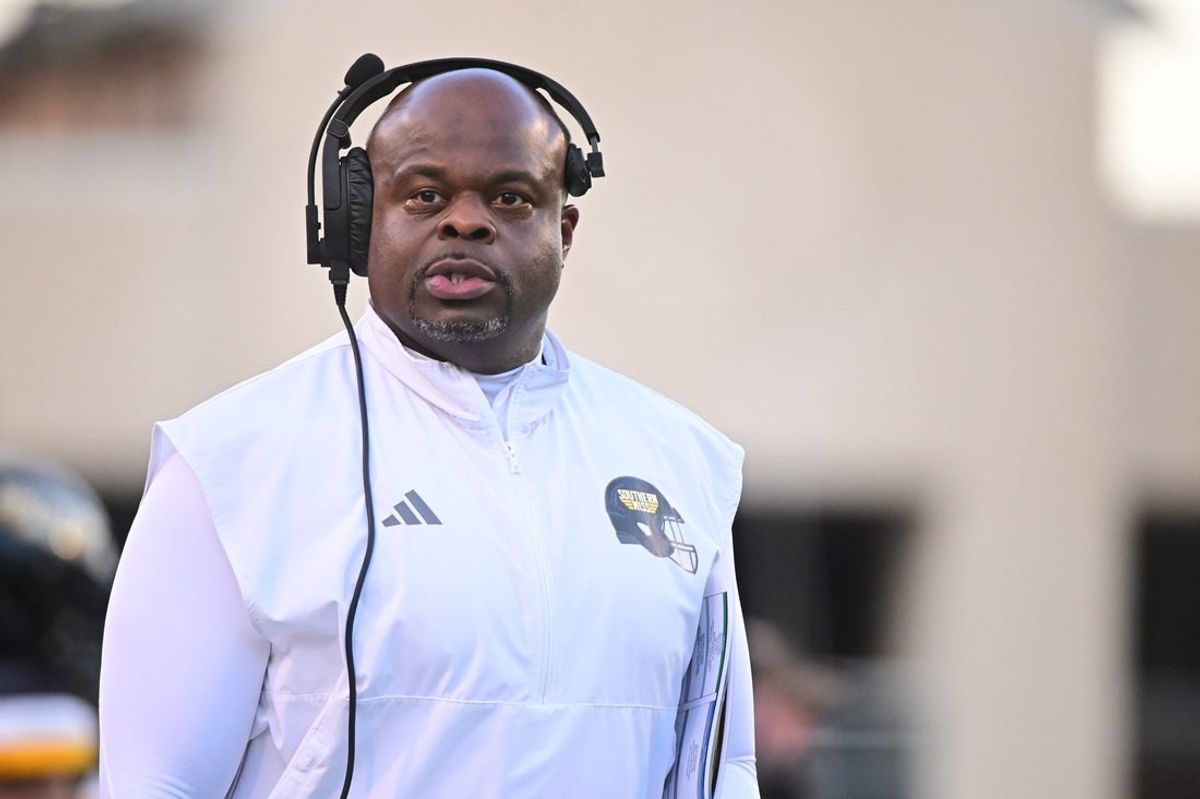 Southern Miss Golden Eagles head coach Charles Huff walks down the sidelines against the Texas State Bobcats at M.M. Roberts Stadium in Hattiesburg,Miss, on Nov. 15, 2025.