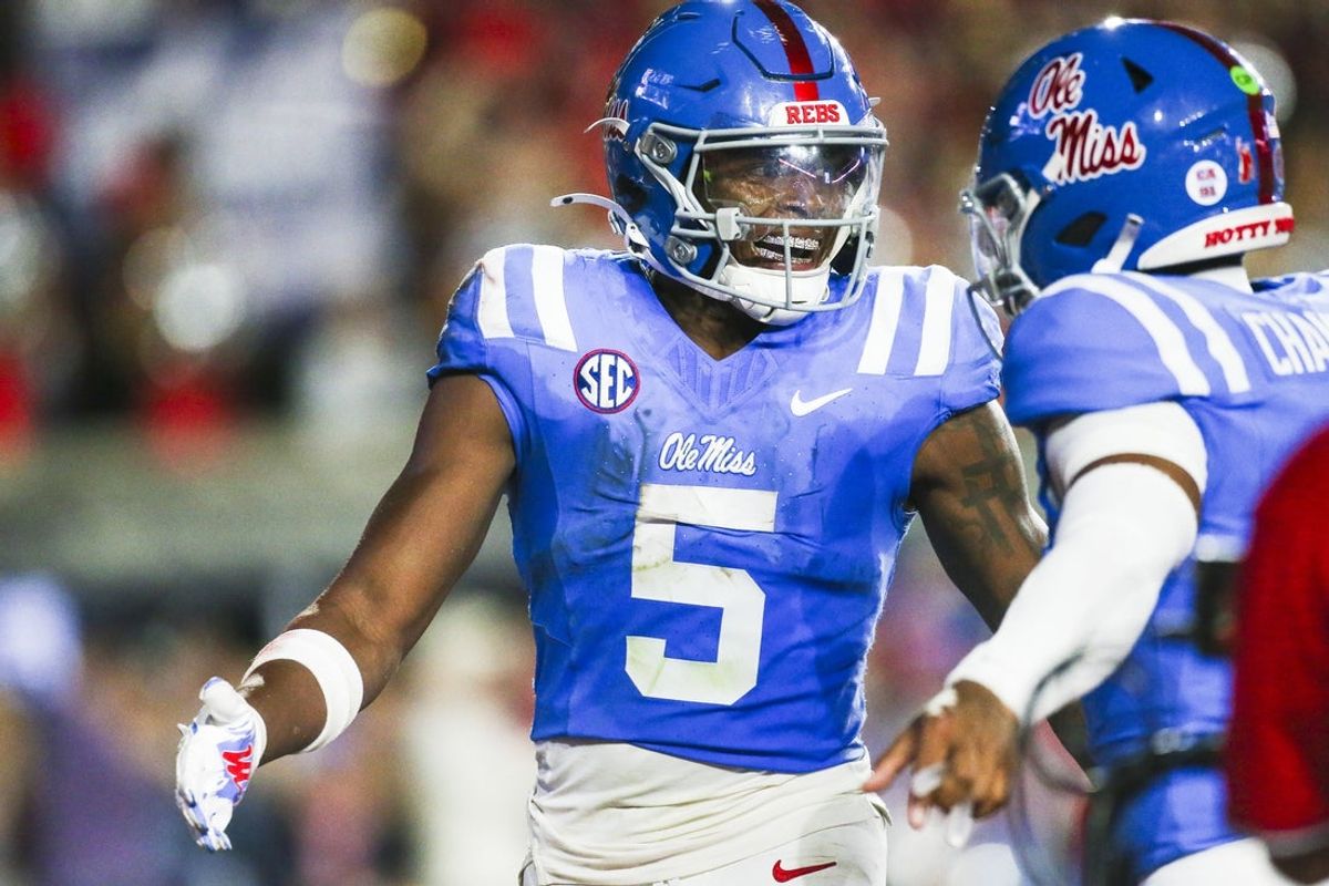 Nov 15, 2025; Oxford, Mississippi, USA; Mississippi Rebels running back Kewan Lacy (5) celebrates after rushing for a touchdown against the Florida Gators during the first quarter at Vaught-Hemingway Stadium. Mandatory Credit: Petre Thomas-Imagn Images