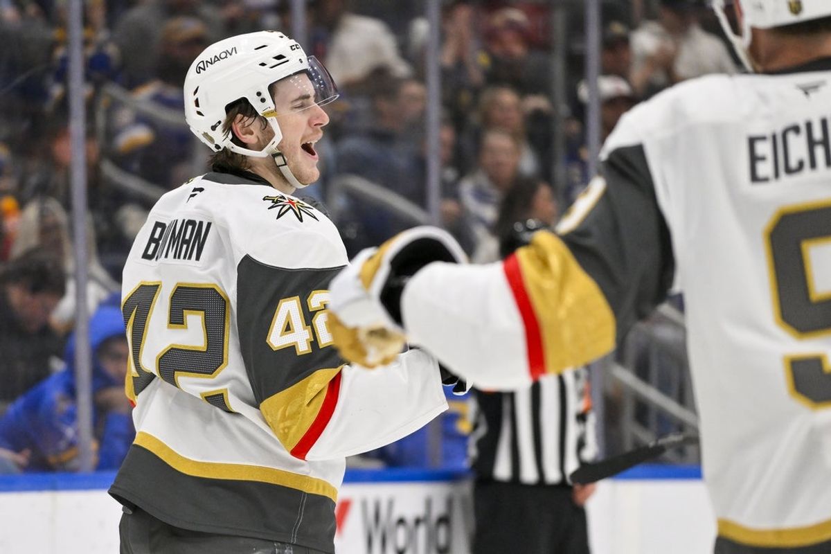Nov 15, 2025; St. Louis, Missouri, USA; Vegas Golden Knights right wing Braeden Bowman (42) reacts after scoring against the St. Louis Blues during the first period at Enterprise Center. Mandatory Credit: Jeff Curry-Imagn Images