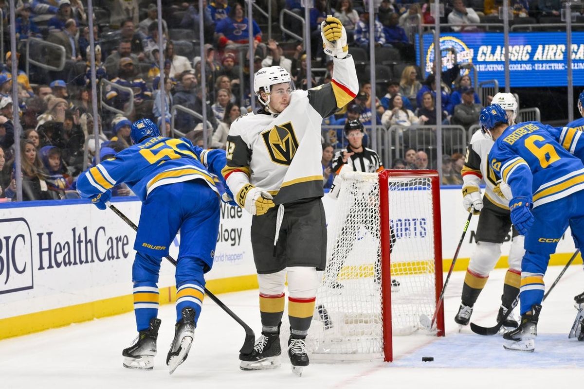 Nov 15, 2025; St. Louis, Missouri, USA; Vegas Golden Knights right wing Braeden Bowman (42) reacts after scoring against the St. Louis Blues during the first period at Enterprise Center. Mandatory Credit: Jeff Curry-Imagn Images