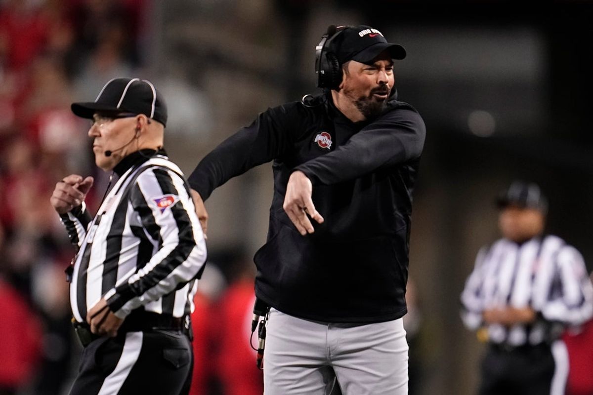 Ohio State Buckeyes head coach Ryan Day reacts to a call during the NCAA football game against the UCLA Bruins at Ohio Stadium in Columbus on Nov. 15, 2025.