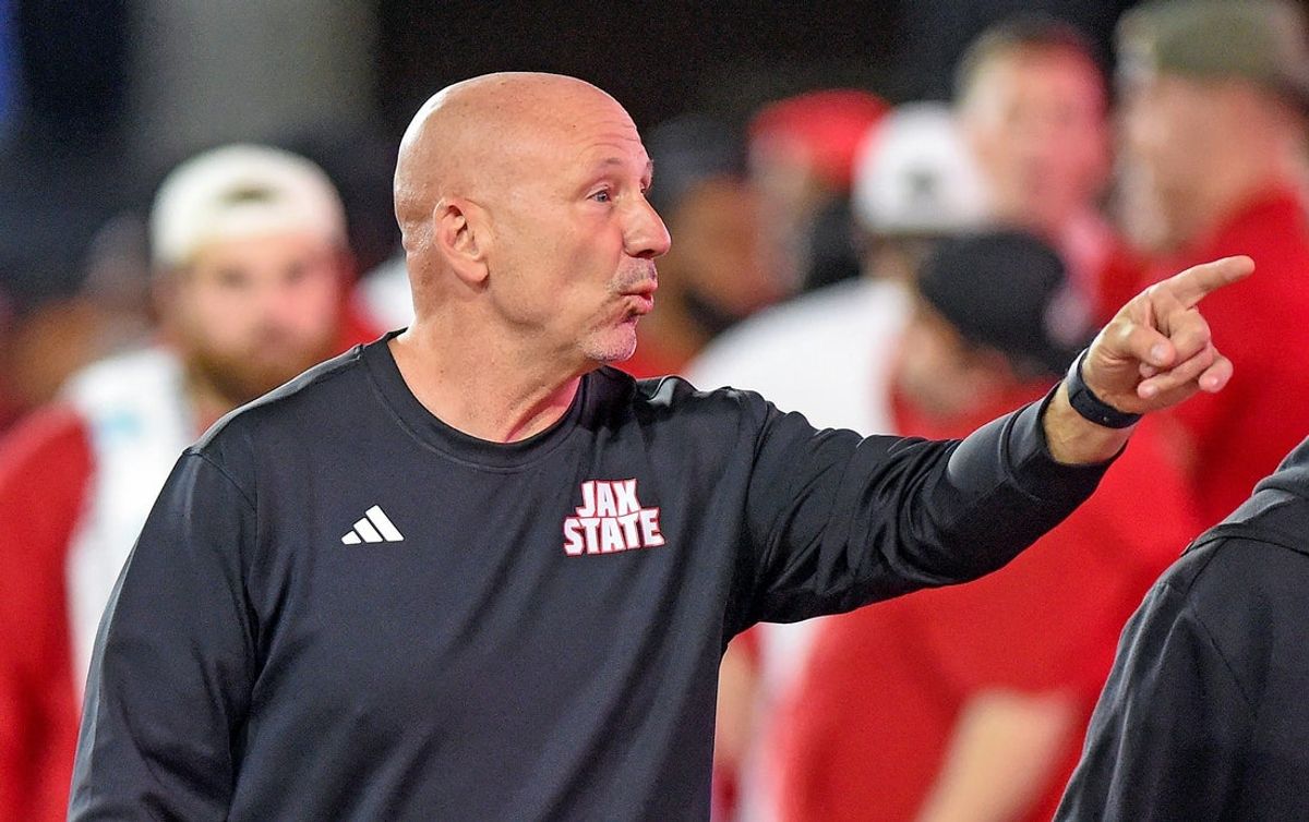 Jax State Head Coach Charles Kelly goes through pre-game activities during college school football action at AmFirst Stadium in Jacksonville, Alabama November 15, 2025. (Dave Hyatt / Hyatt Media LLC)