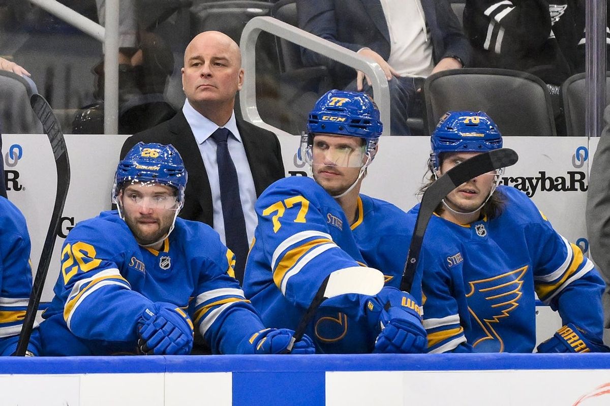 Nov 15, 2025; St. Louis, Missouri, USA; St. Louis Blues head coach Jim Montgomery looks on during the third period against the Vegas Golden Knights at Enterprise Center. Mandatory Credit: Jeff Curry-Imagn Images
