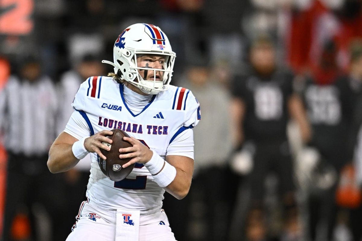 Nov 15, 2025; Pullman, Washington, USA; Louisiana Tech Bulldogs quarterback Trey Kukuk (2) drops back against the Washington State Cougars in the first half at Gesa Field at Martin Stadium. Mandatory Credit: James Snook-Imagn Images