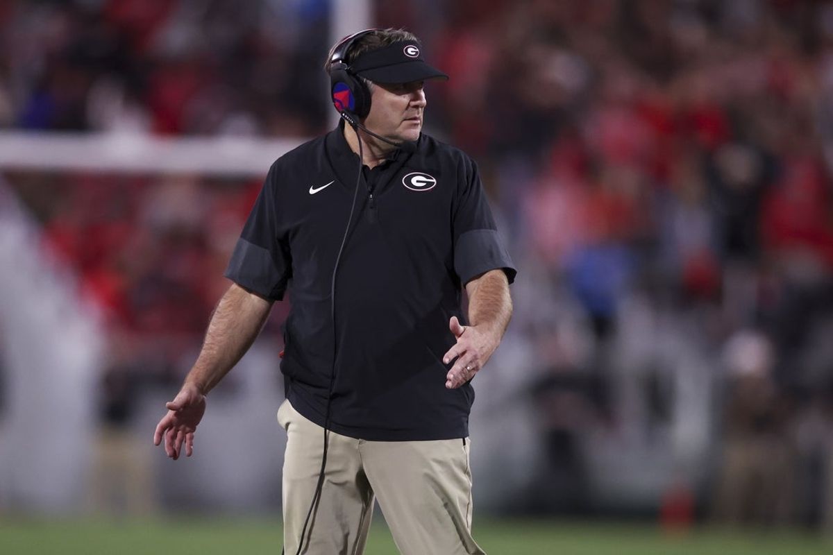Nov 15, 2025; Athens, Georgia, USA; Georgia Bulldogs head coach Kirby Smart gestures in the second half against the Texas Longhorns at Sanford Stadium. Mandatory Credit: Brett Davis-Imagn Images