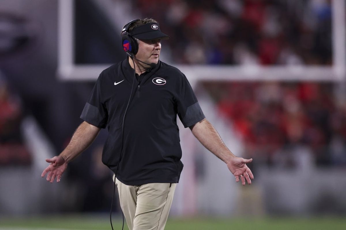Nov 15, 2025; Athens, Georgia, USA; Georgia Bulldogs head coach Kirby Smart gestures in the second half against the Texas Longhorns at Sanford Stadium. Mandatory Credit: Brett Davis-Imagn Images